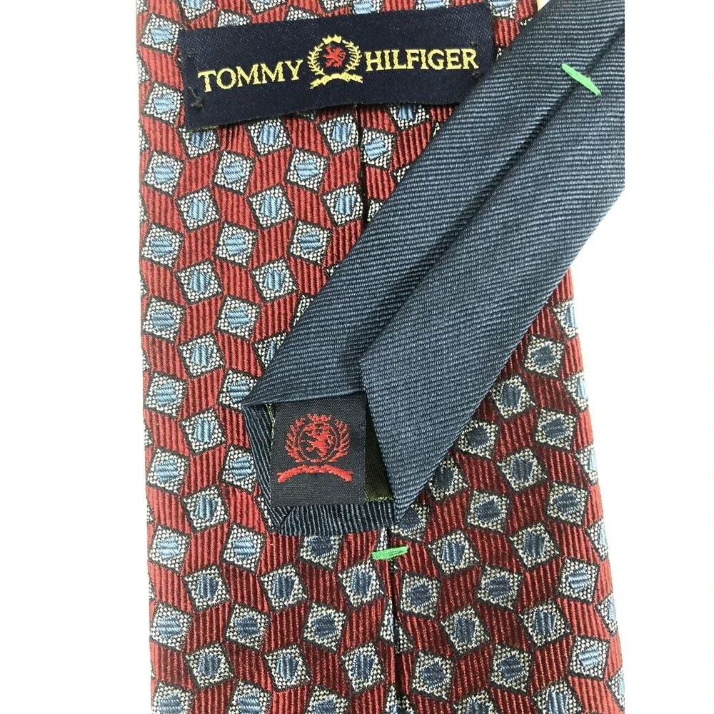 Classic VINTAGE Tommy Hilfiger Tie 100% Silk Red Blue Geometric Made in USA